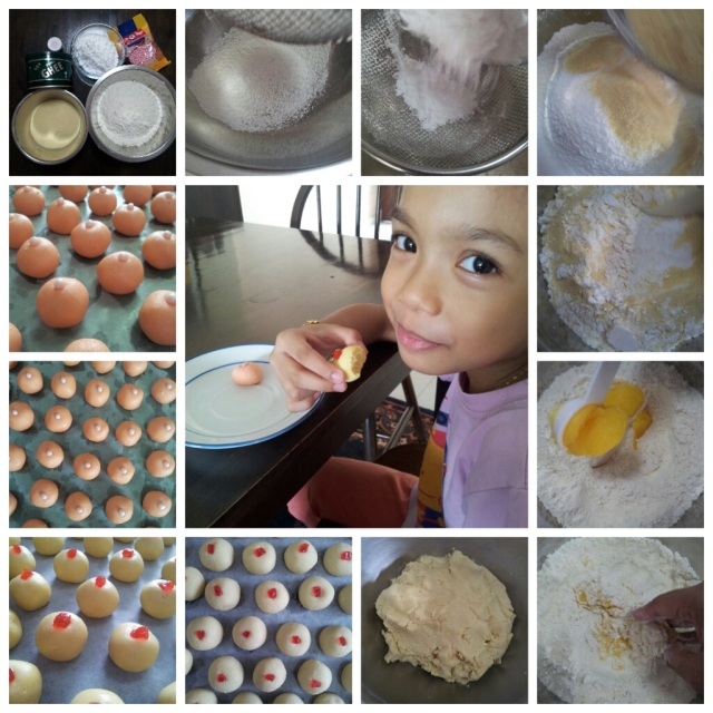 Clockwise from top-left: Making Biskut Suji (Semolina Biscuit). Also see my little kitchen assistant.